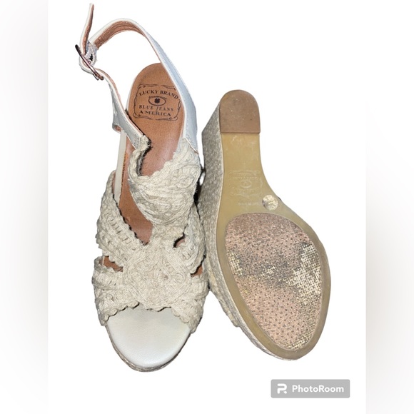HP! Lucky Brand Cream Colored Lacy Wedge Sandals - Picture 9 of 11